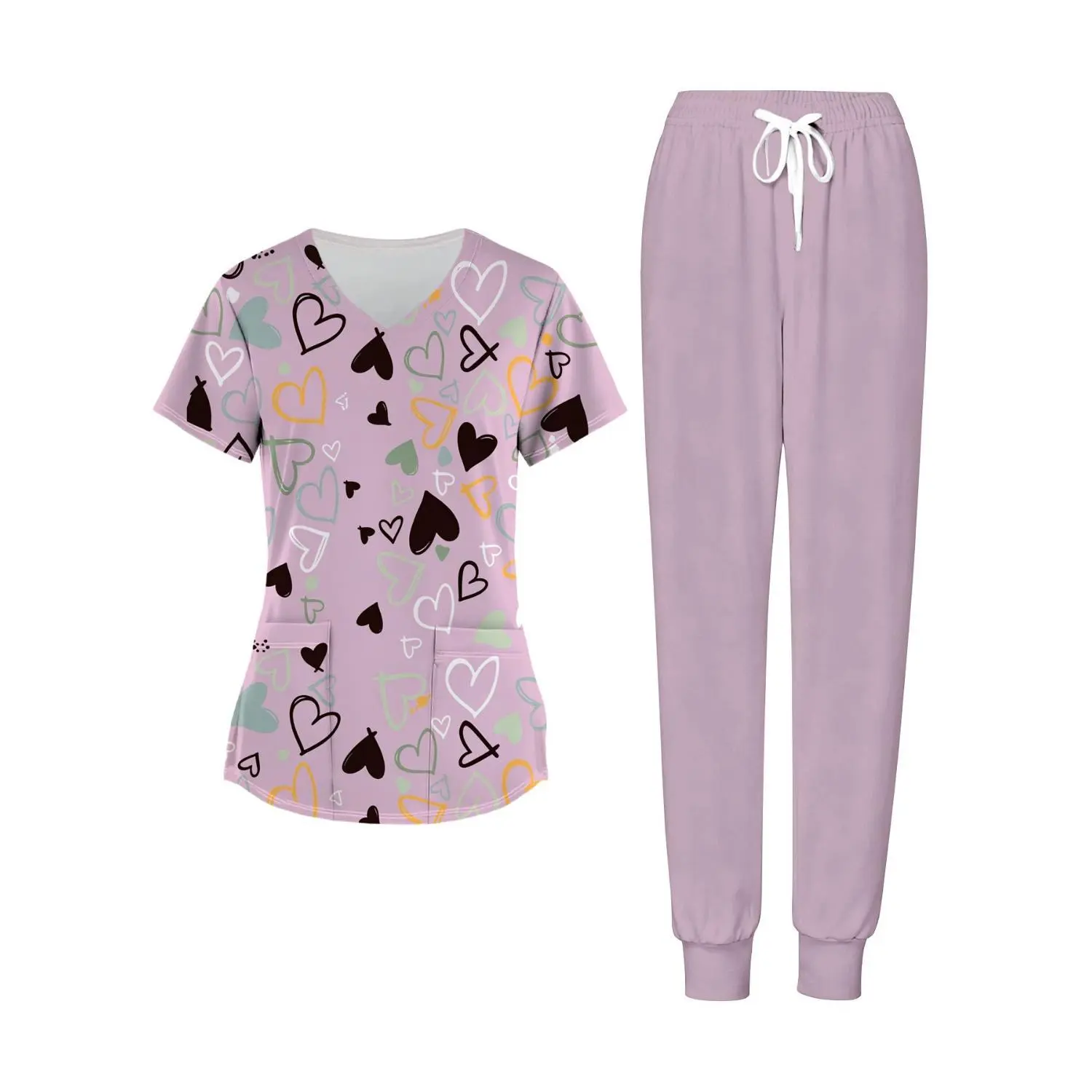 Lilac Heart-Patterned Plus Size Women's Two-Piece Set with V-Neck Top and Pants, Ideal for Nurse Uniforms