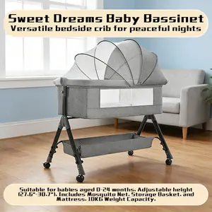 Bedside Bassinet Baby Crib, Baby Bassinets Bedside Sleeper with Large Curvature Cradle, Height Adjustable, Movable Bedside Crib with Mosquito Net and Wheels, Load-Bearing 22.04 Pounds 1 Set