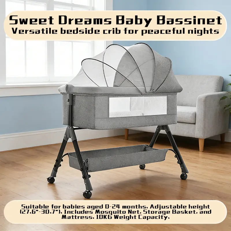 Baby Bedside Bassinet Crib - Height-Adjustable Movable Sleeper with Large Curvature Cradle, Mosquito Net, Wheels, 22.04 lbs Load Capacity (1 Set)