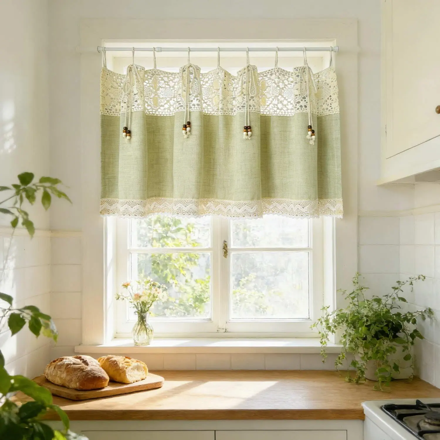Green Kitchen Curtain Small Cafe Curtain 1PC Tab Top Farmhouse Valance Sage Green Linen Curtain Bathroom Macrame Short Curtain Tier Light Filtering Privacy for Living Room
