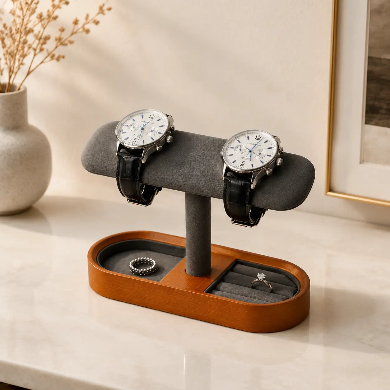 Oirlv Solid Wood Watch Stand and Jewelry Organizer, T-Bar Watch Holder with Ring Tray and Drawer, Minimalist Watch Storage Display for Dresser and Nightstand, Ideal Gifts for Men and Women