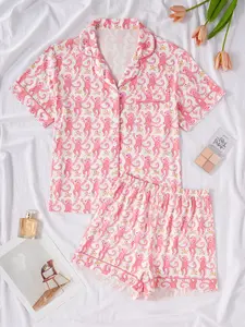 Women's Monkey Print Pajama Set, Soft Breathable Animal Pattern, Short Sleeve, Buttoned Shorts, Casual Wear, Loungewear, Spring & Fall, Pyjamas