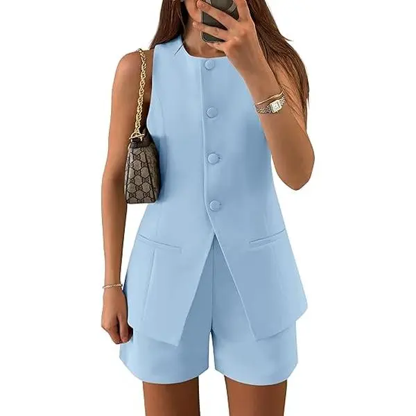 ZESICA Women's 2026 Summer 2 Piece Short Sets Sleeveless Crew Neck Suit Vest Tops High Waist Shorts Business Outfits