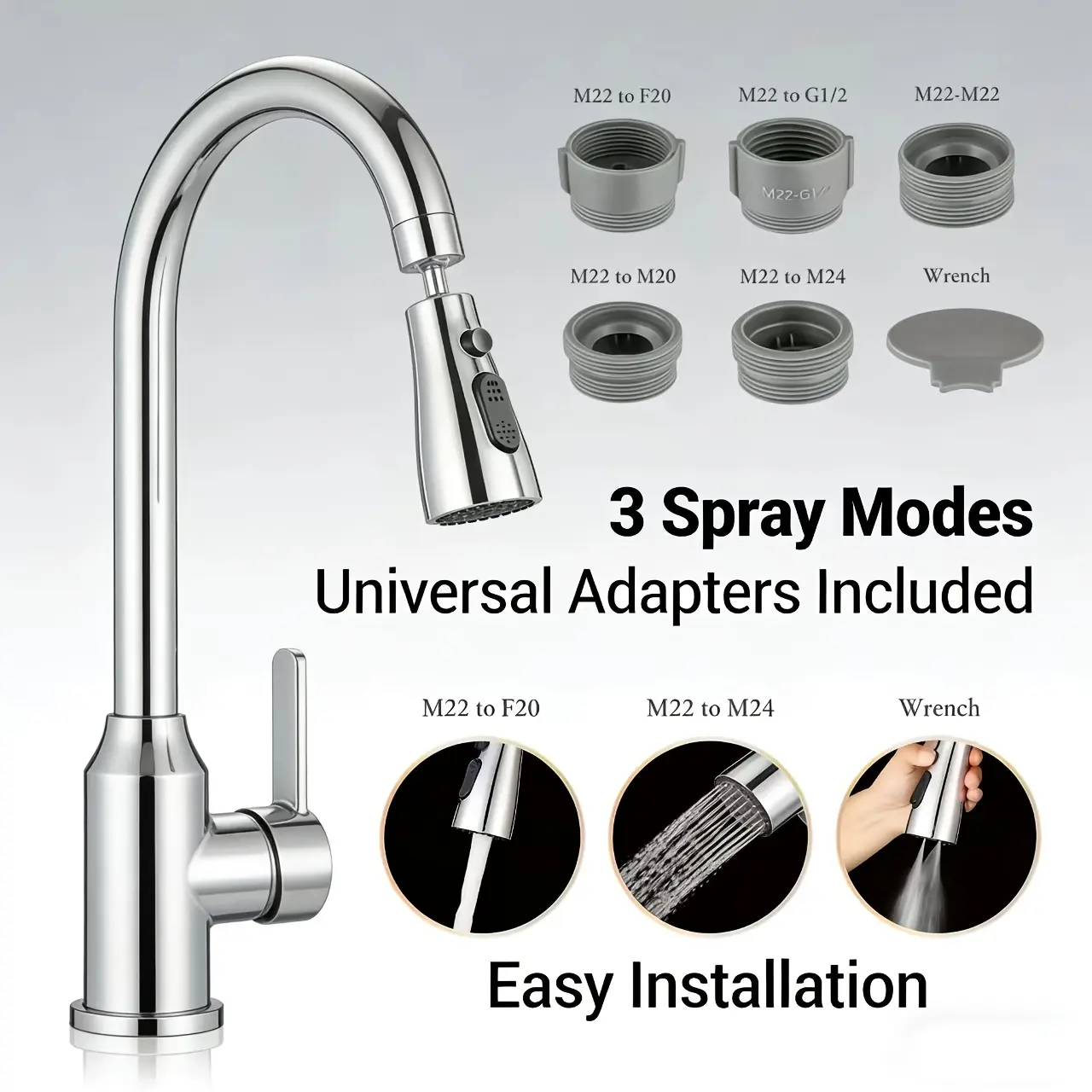 Multi-Functional Kitchen Faucet with Splash-Proof System & Adjustable Spray Modes Water-Saving, Spray Gun, Wide-Angle Spray - Splash-Resistant Aerator, Delay Device & Wrench Included, Fit for M22-M40, Faucet Sprayer Attachment Pull Out Faucet