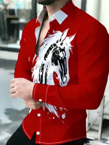 Men's Red Ink Style Horse Head Print Art Print Shirt Breathable Lapel Long Sleeve Cardigan