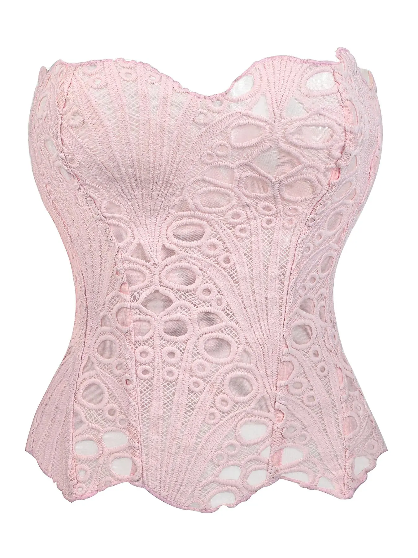TikTok Viral Pink Mermaid Core Corset, Scalloped Edge Lace Eyelet Hollow Out Boned Bustier for Bachelorette Music Festival Underwear Aesthetic