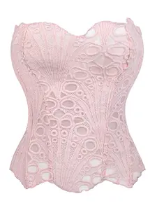 TikTok Viral Pink Mermaid Core Corset, Scalloped Edge Lace Eyelet Hollow Out Boned Bustier Underwear for Bachelorette Music Festival Women
