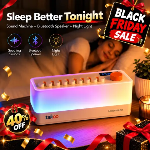 TAKOO 3-in-1 Multifunctional Desktop Sound Machine - Rechargeable Stereo Speaker, Bluetooth Speakers, White Noise Machine with 8 Mixable Sounds, 11 Light Modes, Adjustable 30-Level Night Light, USB-C Charging, ABS Build for Nursery Sleep