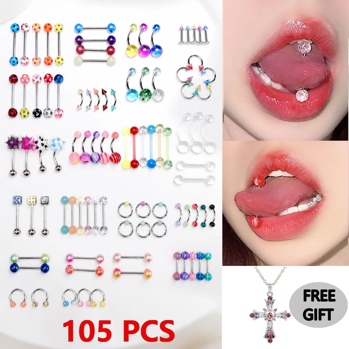 106-Piece Mixed Body Piercing Jewelry Set, featuring belly rings, tongue bars, lip rings, horseshoe rings and more in stainless steel, acrylic, glitter, dice, clear and other styles, with a delicate pendant as a free gift.