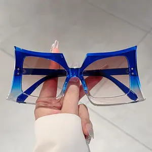 1 pair of oversized irregular frame women's glasses - vibrant blue and purple gradient design, stylish glasses with metal hinge decoration, comes with a case, casual accessory, gradient lenses