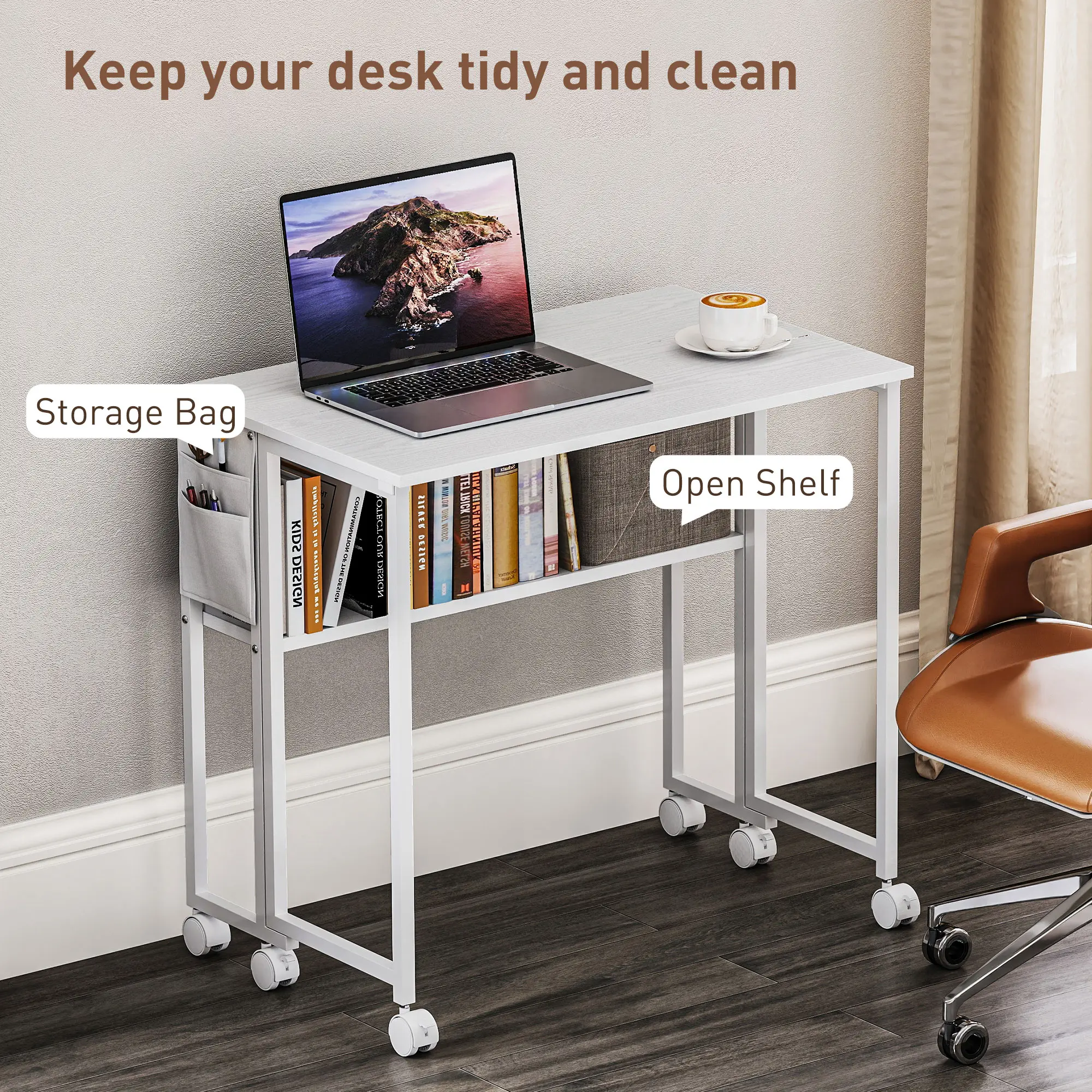 White MDF Steel Drop Leaf Foldable Office Desk - Computer Workstation, Side Table with Storage Bag, Open Shelf, Easy Setup, 31.5" W x 19.7" D x 29.5" H (Unfolded), 110 lbs.(total) Capacity, Amazon Shipping (Prohibited by Walmart)