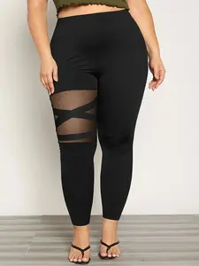 Plus Size Women's Mesh Patchwork Fitness Yoga Pants, High Waist Tight Fit Workout Leggings, High Stretch Outerwear Running Sports Long Pants, High Waisted Leggings