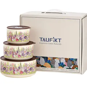 3 Pieces Food Storage Containers with Lids, 4"/ 5"/ 6" Nesting Bowls Set, Serving Bowls with Lids Set, Pasta Ceramic Bowls Set Decorative Bowl for Soup, Stew, Cereal Microwave and Oven Safe