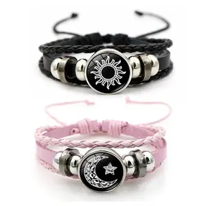 Vintage Style Punk Sun & Moon Lovers Leather Couple Bracelets, Multi-Layer Beaded Woven Design, 17cm Chain with 5cm Extender, PU Leather & Glass Accents, Festive Party Accessory Gift