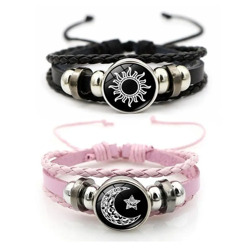 Vintage Style Punk Sun & Moon Lovers PU Leather Couple Bracelets, Multi-Layer Beaded Woven Design, 17cm Chain with 5cm Extender, Glass Accents, Festive Party Accessory Gift