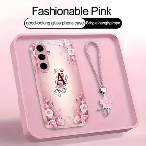 Suitable for [Galaxy S24] high-end women's phone case🤩，a beautiful four-leaf clover lanyard is included🍀，a free four-leaf clover lanyard is included, with 26 letters of the alphabet to choose from and  exquisite Rose flower patterns 952
