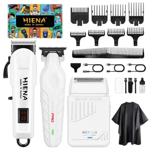 Professional hairdressing pure white three-piece set, Barber Kit: Hair Cutting Kit, Barber Tool, LED digital display Rechargeable professional hair clipper, professional beard trimmer, and professional razor to solve haircut difficulties at home