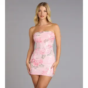 Pretty In Bloom Sequin Floral Strapless Mini Dress