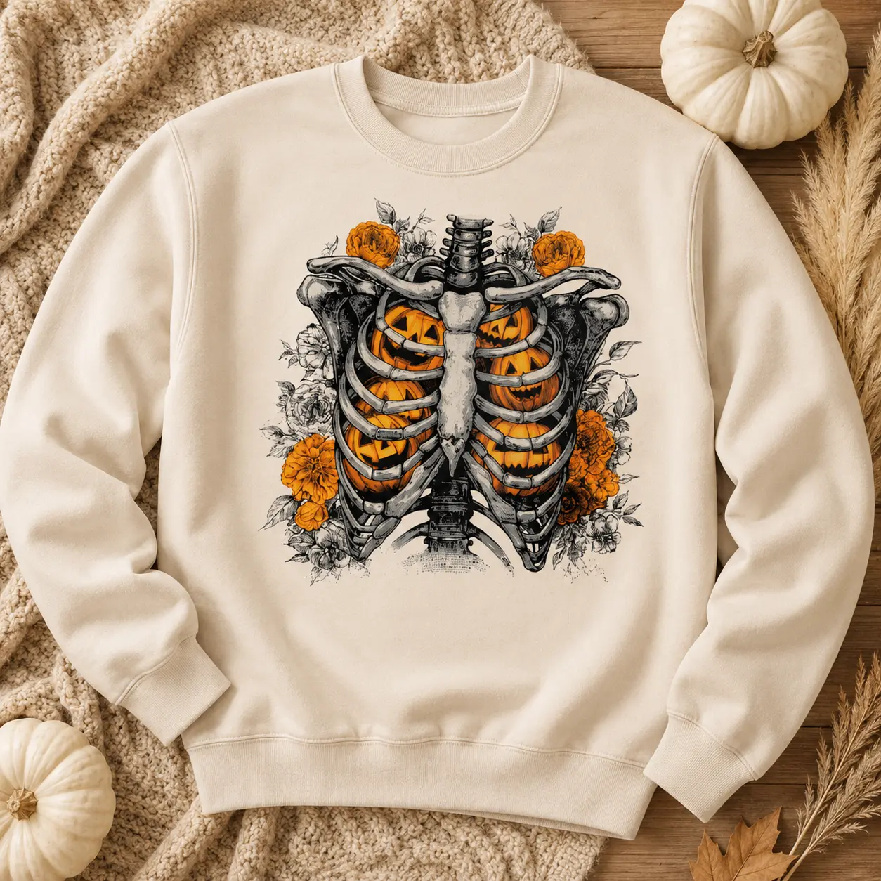 Vintage Halloween Skeleton Sweatshirt, Women’s Pumpkin Rib Cage Graphic Crewneck, Gothic Spooky Season Fall Top