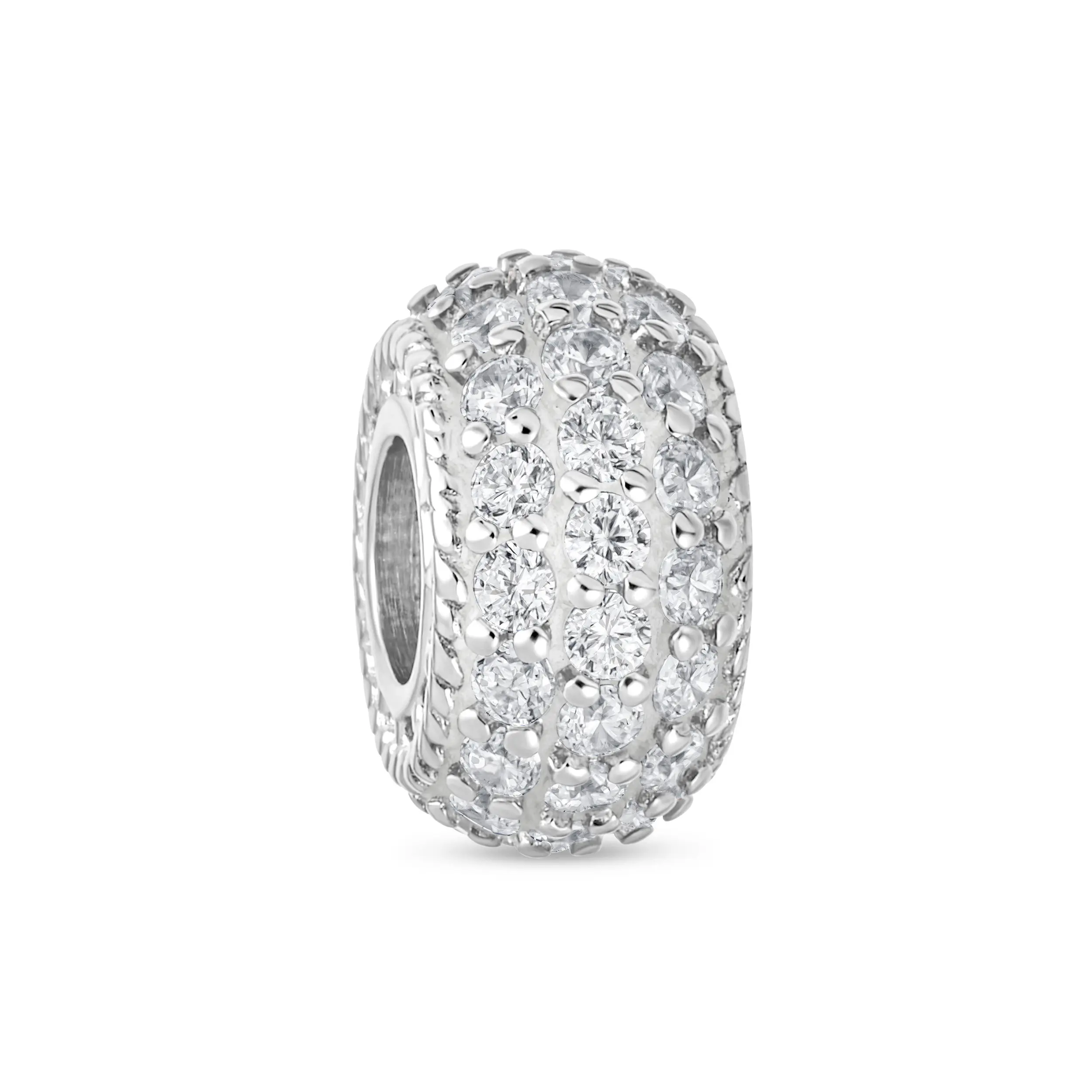 Sterling Silver Dome White Crystal Spacer Stopper Barrel Bead Charm Rose Gold Plated for Bracelet