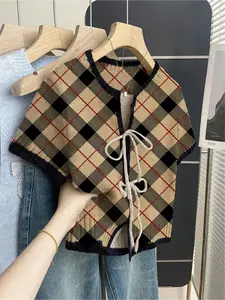 Women's khaki bohemian vacation short-sleeve knit top. Loose round neck, contrast plaid print, front tie and contrast piping. Comfortable and perfect for spring & summer casual wear. Chic Lady Womenswear
