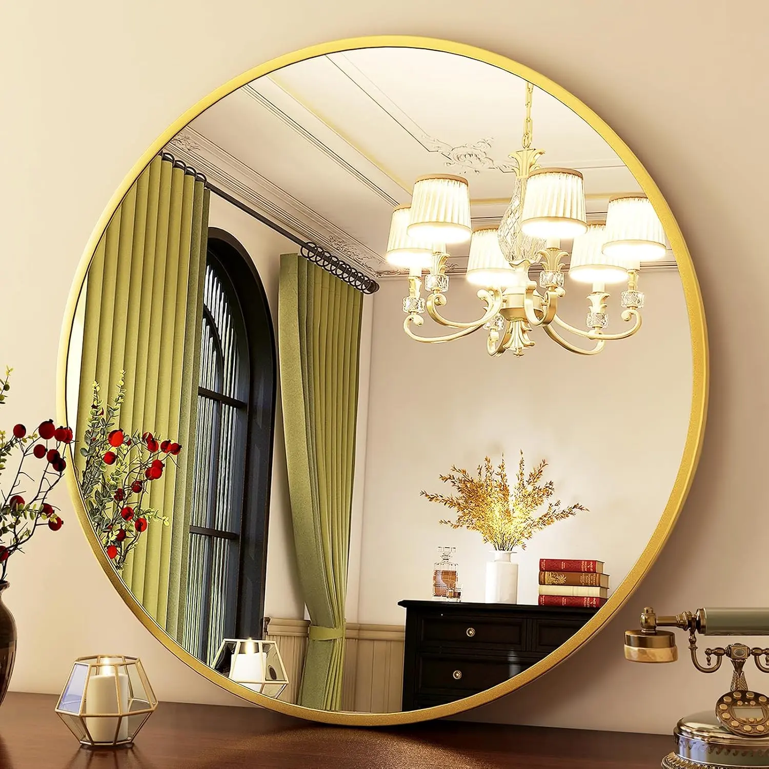 24-Inch Round Wall-Mount Home Decorative Mirror - Brushed Aluminum Alloy Frame, Light Float Glass, High Clarity, for Bathroom Vanity Fixtures Installation, Home Shop Interior