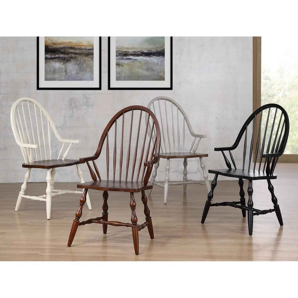 212 MAIN Andrews Windsor Solid Oak Arm Dining Chair - Bolt-Together, 41x23.5x25 in, Antique White & Chestnut Brown, Vintage Distressed Spindle Back, Indoor Furniture
