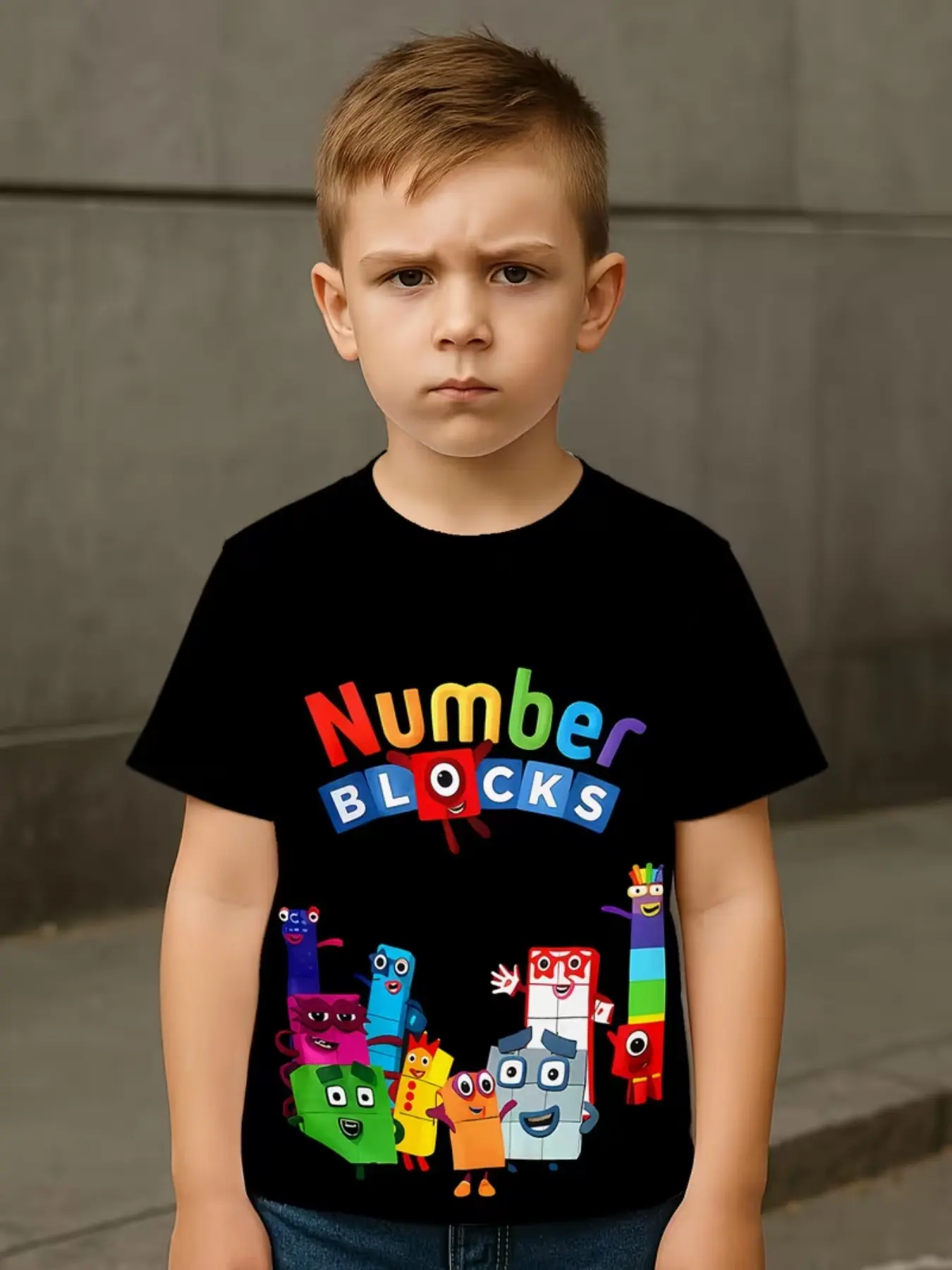 Trendy Kids Math ! Numberblocks Colorful Digit Print Short Sleeve Shirt, Cartoon Print Tee, Casual Fitted Long Clothing, No Zipper & Collar
