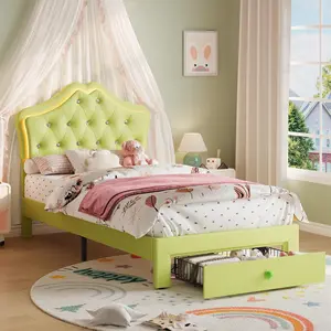Garvee Twin Size Upholstered Platform Bed Frame in Orange with LED Lights, Storage Drawer, Crystal Tufted Headboard, Noise-Free Slats, and Easy Assembly for Teens and More