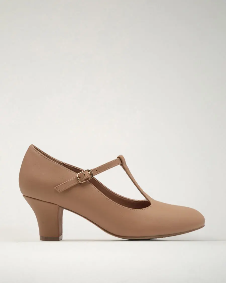 Women's T-Strap Leather Character Dance Shoe, 2.5" Heel for Ballroom with Cushioned Insole and Adjustable Buckle, Performance, Adjustable Strap