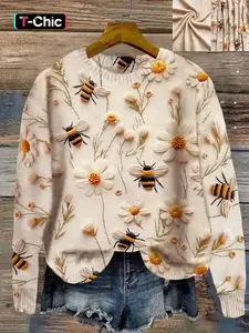 Women's Casual Loose-Fit Sweater, Round Neck Long Sleeve Knitted Pullover, 3D Digital Print Bee Floral Design, Spring & Fall Fashion, Knitwear