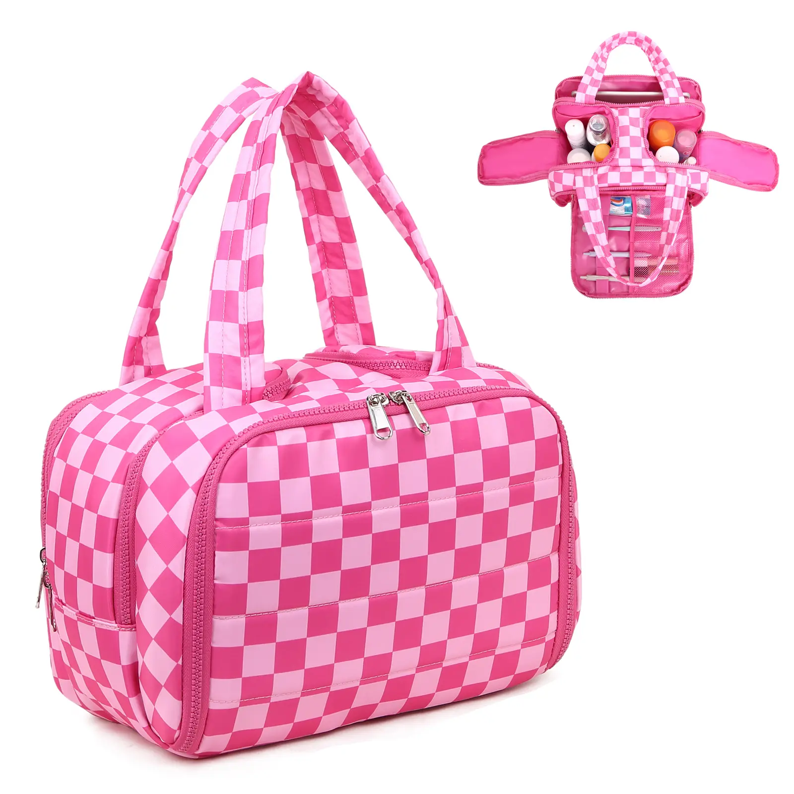 Women's High-Capacity Waterproof Checkered Toiletry Bag - Travel Makeup Organizer, Portable Cosmetic Pouch, Multi-Partition Functional Travel Handbag, Vanity Bag