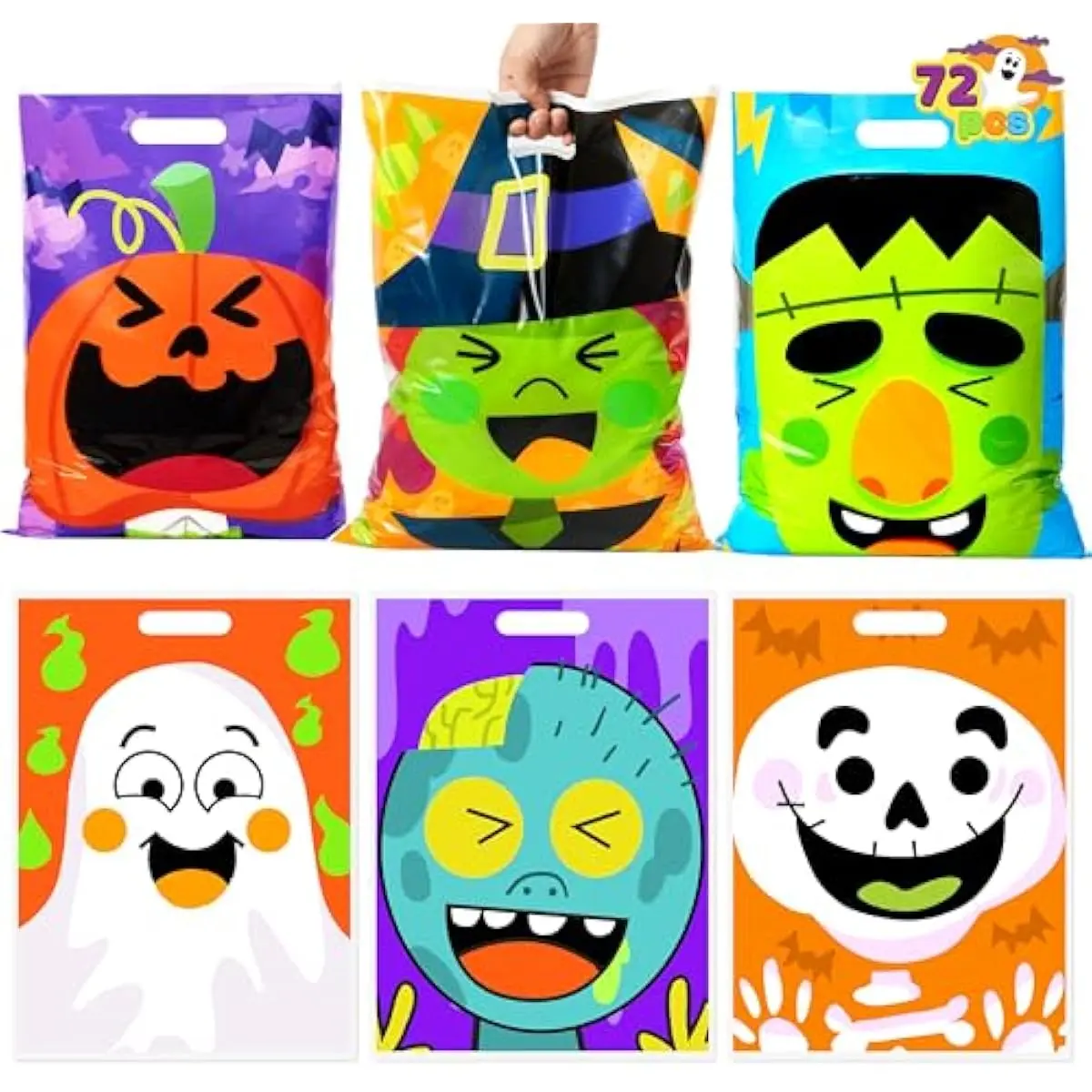 72 Pcs Halloween Goodie Bags with 6 Designed Characters, Trick or Treating Plastic Treat Bags for Kids Party Favors, Treats Party Supplies