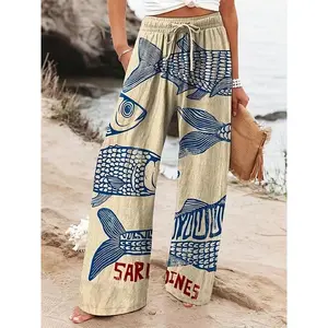 NewWomen's Retro Fish Sardine Art Print Wide Casual Pants
