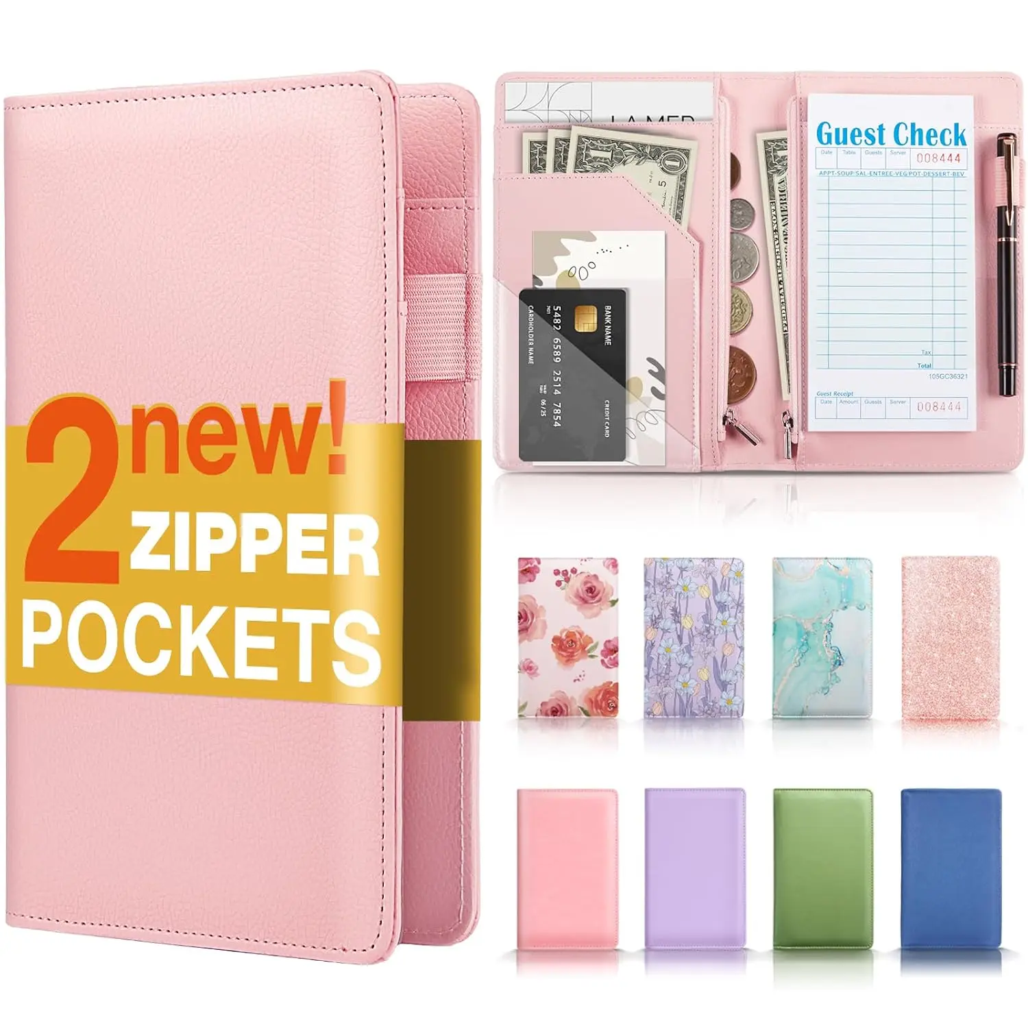 Server Book with 2 Zipper Pockets, Leather Server Books for Waitress, Waiter Book, Sturdy Waitress Book with  Pocket and Zipper, Servers Book Waitress Accessories Server Apron, Sakura Pink