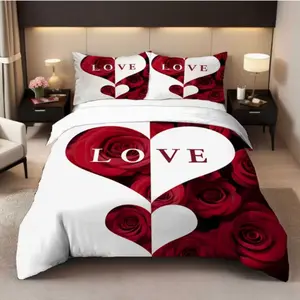 3 Piece Bedding Set (1 Duvet Cover + 2 Pillowcases), 3D Elegant Rose Heart Print, Cotton Material, Ideal for Bedroom & Guest Room