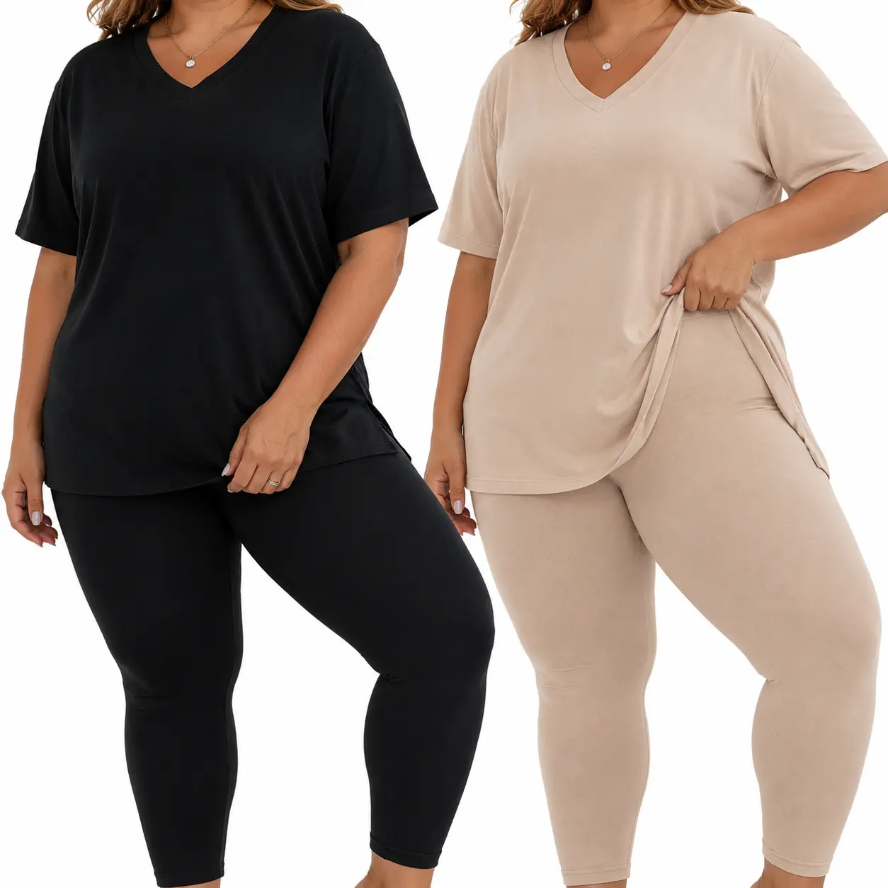 Plus Size Loungewear for Women, a Comfortable and Stylish 2-Piece Solid Set with a Soft Short Sleeves V-Neck Top and Stretch Leggings, Style, Soft Fabric, 2Xl, Matching, Shortsleeve, Everyday, Basic, Lady
