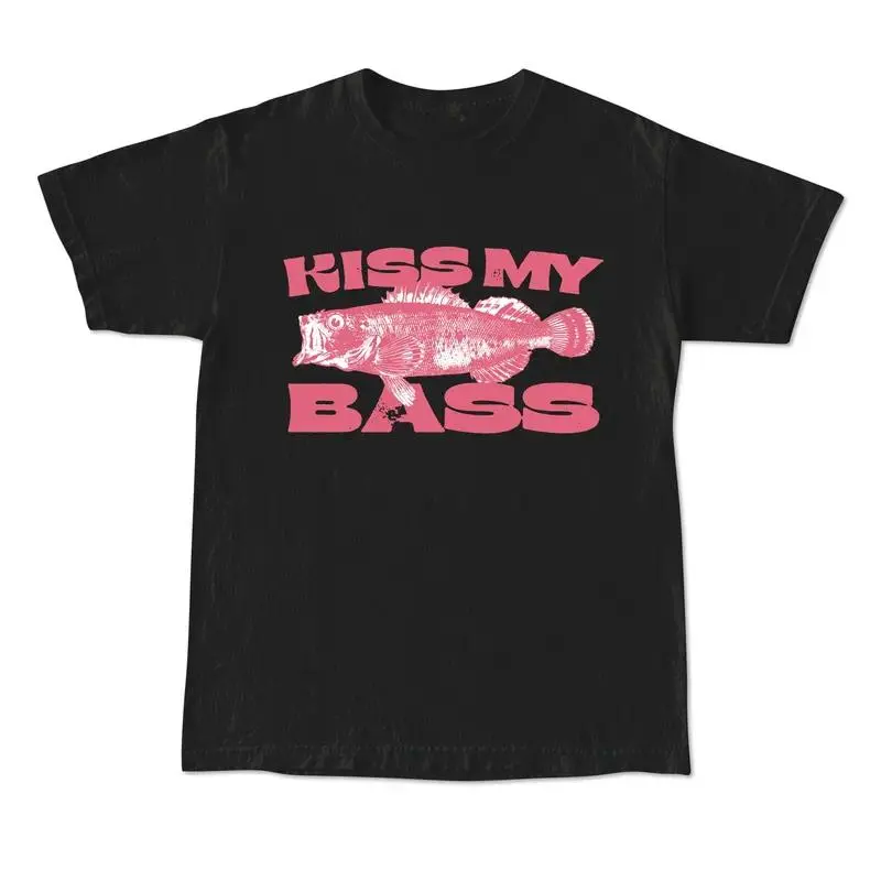 Unisex Kiss My Bass Vintage Graphic Shortleeve Cotton Top - Loose Relaxed Fit, Round Neck, Sports & Outdoor Fishing Garment, Pink Limited Edition Print Clothes for Women