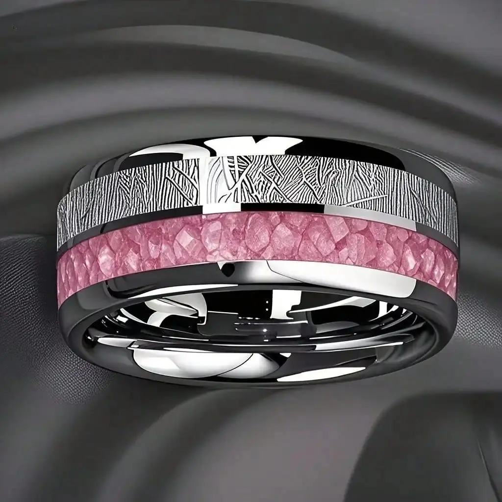 Men's 8mm Wedding Engagement Ring Band with Meteorite and Pink Rose Abalone Shell Inlay, Silver-Tone Stainless Steel Jewelry for Women, Fashion Engagement Ring, Anniversary Ring