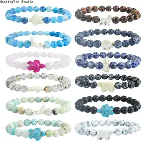 Natural Stone Beaded Stretch Fit Bracelet - Unisex Wear Sports Wristband with Sea Turtle, Elephant, Shark Animal Beads for Animal Tracking,summervibes
