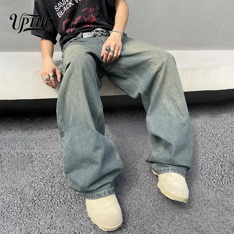 UP.THE Men's Vintage Loose-Fit Jeans, Mid Waist Straight-Leg Washed Denim with Distressed Patchwork