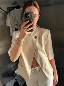 Cropped Linen Khaki Blazer Woman Summer 2026 Asymmetric Button Tailoring Short -Sleeved Suit Jackets Elegant Office Commute Wear Outerwears Fashion High Street Blazers For Woman