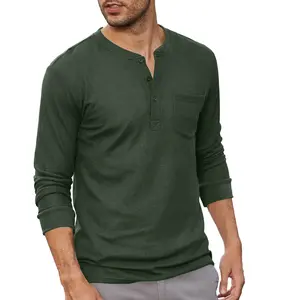 Men's Henley Shirts Long Sleeve Basic Waffle Pique Pullover T-Shirt with Pocket Menswear Longsleeves