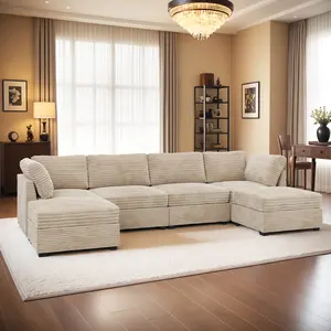 Cloud Oversized Sectional Modular Sofa, Plush Corduroy Wide Seat with Ottoman, Modern Design, Fluffy Cushions, Assembly Required, U-Shaped Shape,Free combination