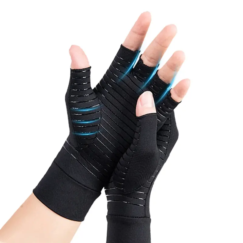 Copper Compression Arthritis Rehabilitation Gloves Hand Support Copper Infused Fingerless Design Hand Brace For Carpal Tunnel RSI Rheumatoid Tendonitis Hand Pain Relief Computer Typing Breathable Material