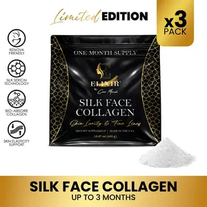 3 Pack of Coco March Silk Face Collagen - Formulated for Face & Neck | Sericin-Activated Ultra Low Molecular Weight Collagen – Supports Skin Elasticity and Smooth Appearance – 14g Protein – 15.87 oz (450g) NO Taste-Dissolves Instantly