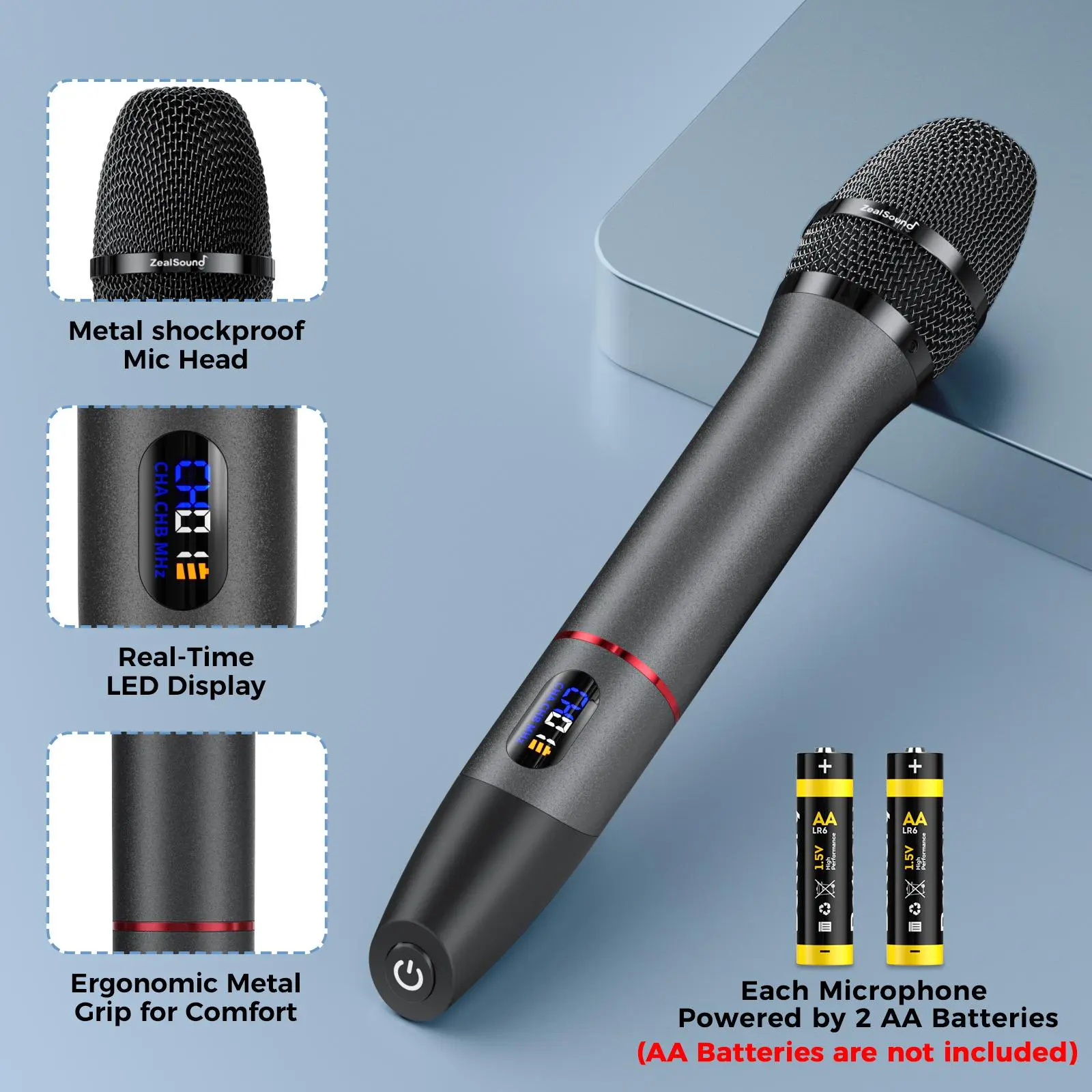 ZealSound Auto Pairing Wireless Microphone System, Metal Dual Handheld Dynamic Karaoke Mics, 200ft Range, 6.35mm Receiver & 3.5mm Connector, for Live Performers, Wedding, Party, Dual Mics, Handheld Grip