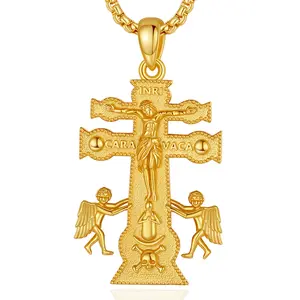 S925 Sterling Silver Caravaca Necklace, Spiritual Crucifix Cross Pendant, Vintage Triple-Toned Amulet, Cruz de Caravaca Goldplated Men Jewelry