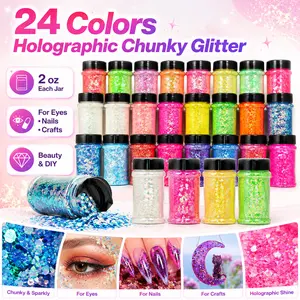 Holographic Chunky Glitter 24-Color Cosmetic Glitter for Body Nails Hair Lip Eyeshadow Vibrant Crafts Glitter for DIY Resin Art Halloween Christmas Versatile Uses Each Jar 2oz