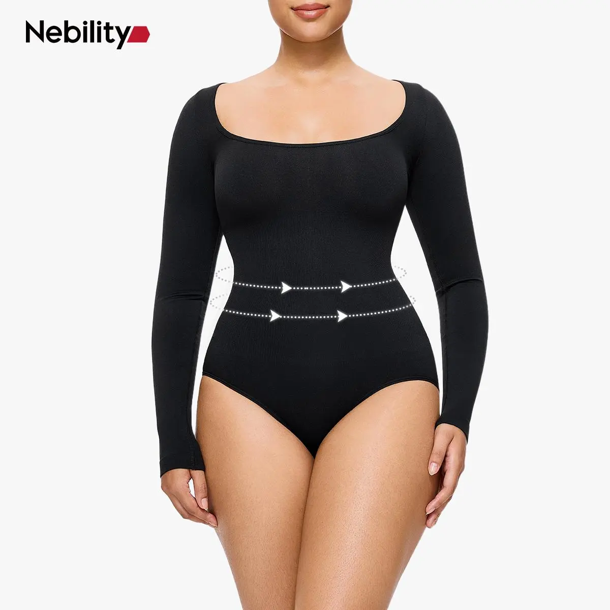 Nebility Women's Square Neck Shaping Bodysuit, Solid Bodycon Long Sleeve Minimalist Top for Going Out, Longsleeves, Bodycon Bodysuit, Basic
